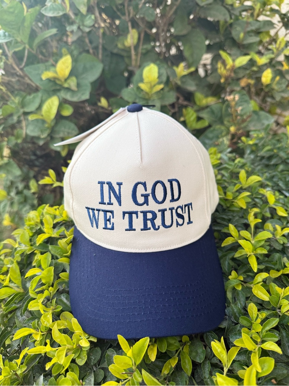 La Valentina 'IN GOD WE TRUST' Two-Tone Cap - Cream & Navy